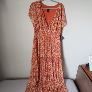 Boho Orange Floral Maxi Dress with Tie-Front